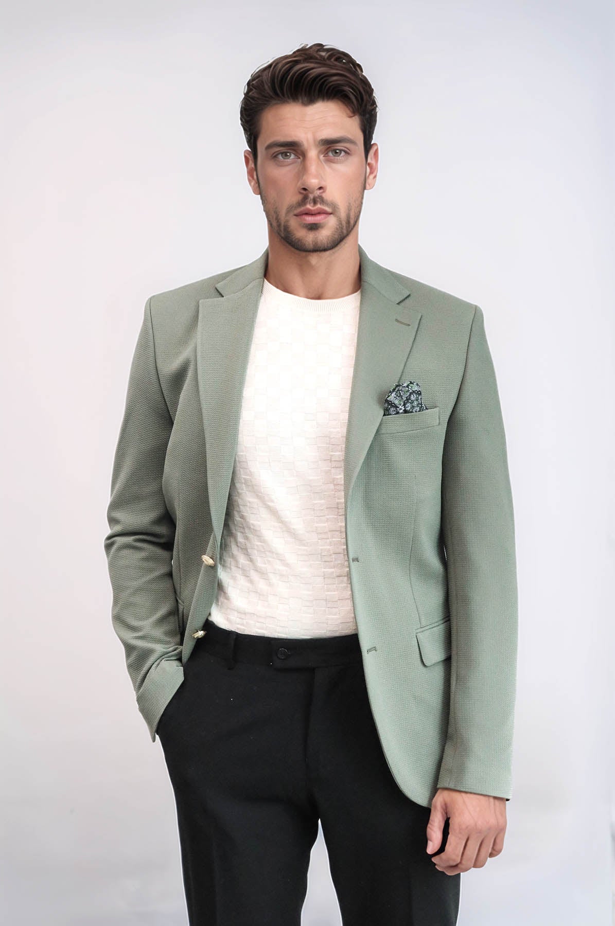 Sage Green Textured Gold Metal Button Slim Fit Men's Blazer Jacket