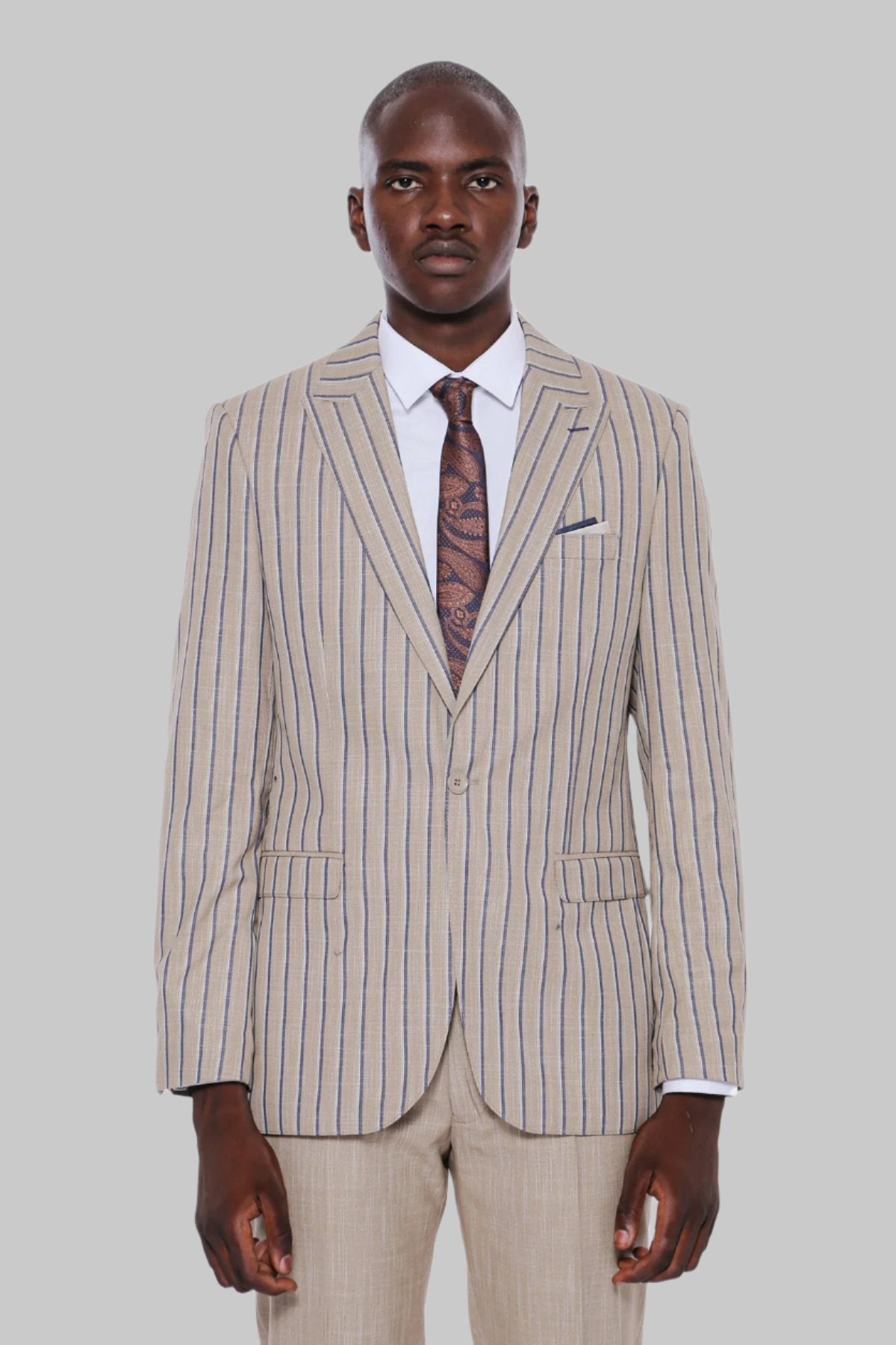 Striped Blazer Plain Pants Beige Men Suit - Wessi