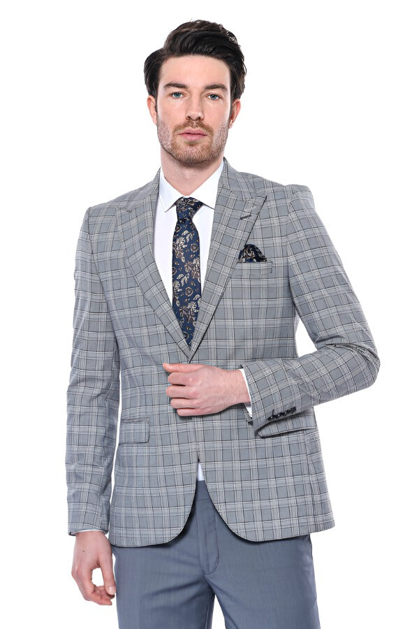 Buy Men Grey Check Slim Fit Formal Blazer Online - 576807