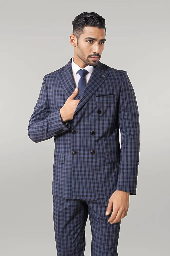 Plaid Double Breasted Navy Blue Suit Wessi