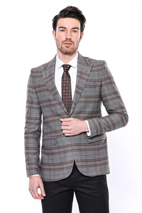 Houndstooth Pattern Wool Light Brown Men Blazer - Wessi