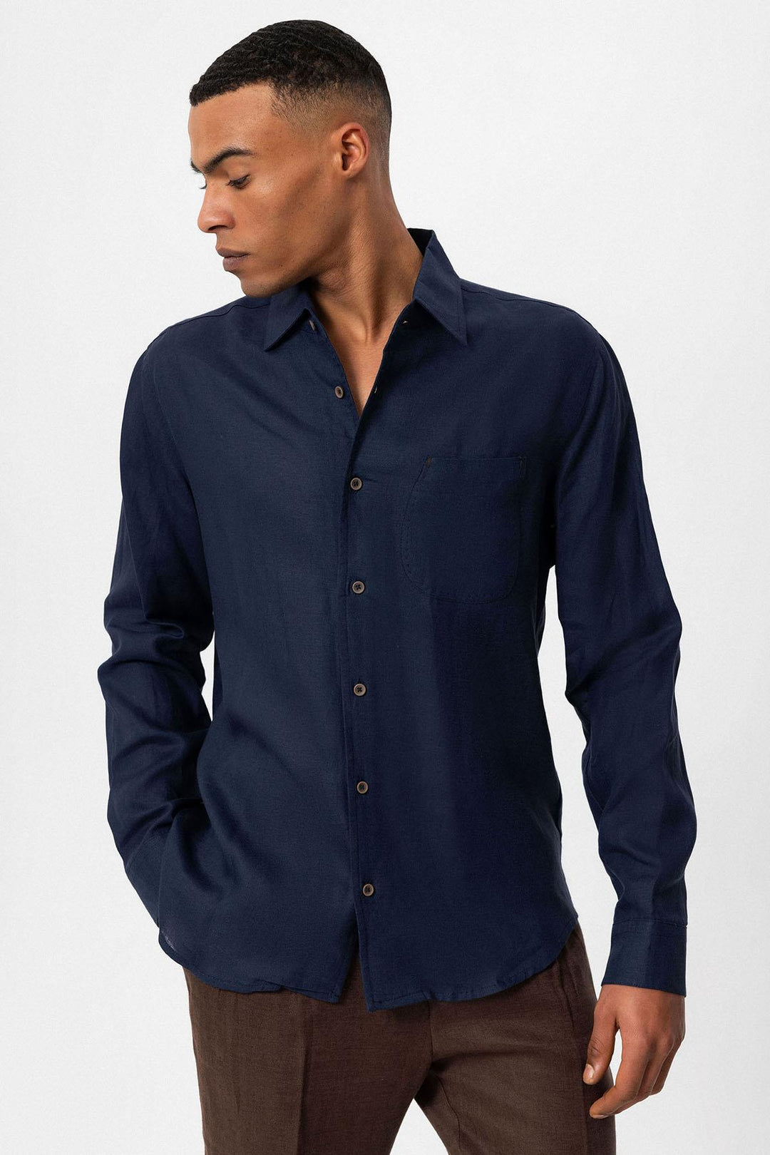 Camisa Manga Larga Hombre Azul Marino 100% Lino - Wessi