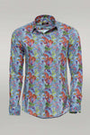 Red Floral Patterned Slim-Fit Long Sleeves Navy Blue Shirt - Wessi