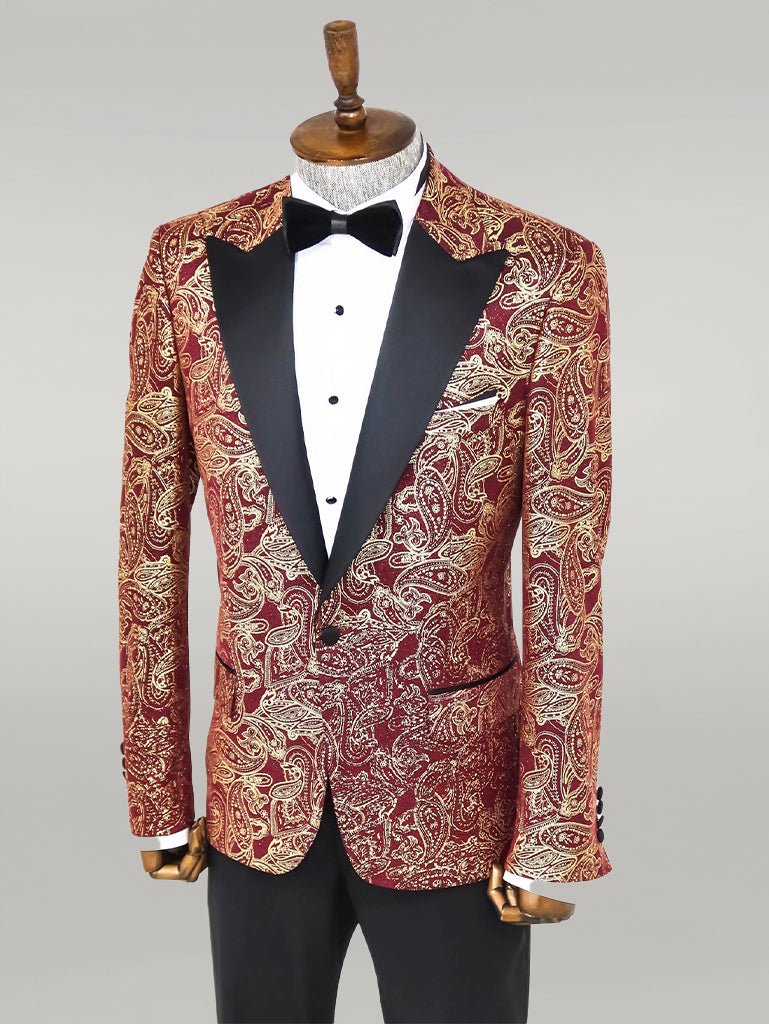 Paisley Peak Lapel Burgundy Men Prom Blazer - Wessi