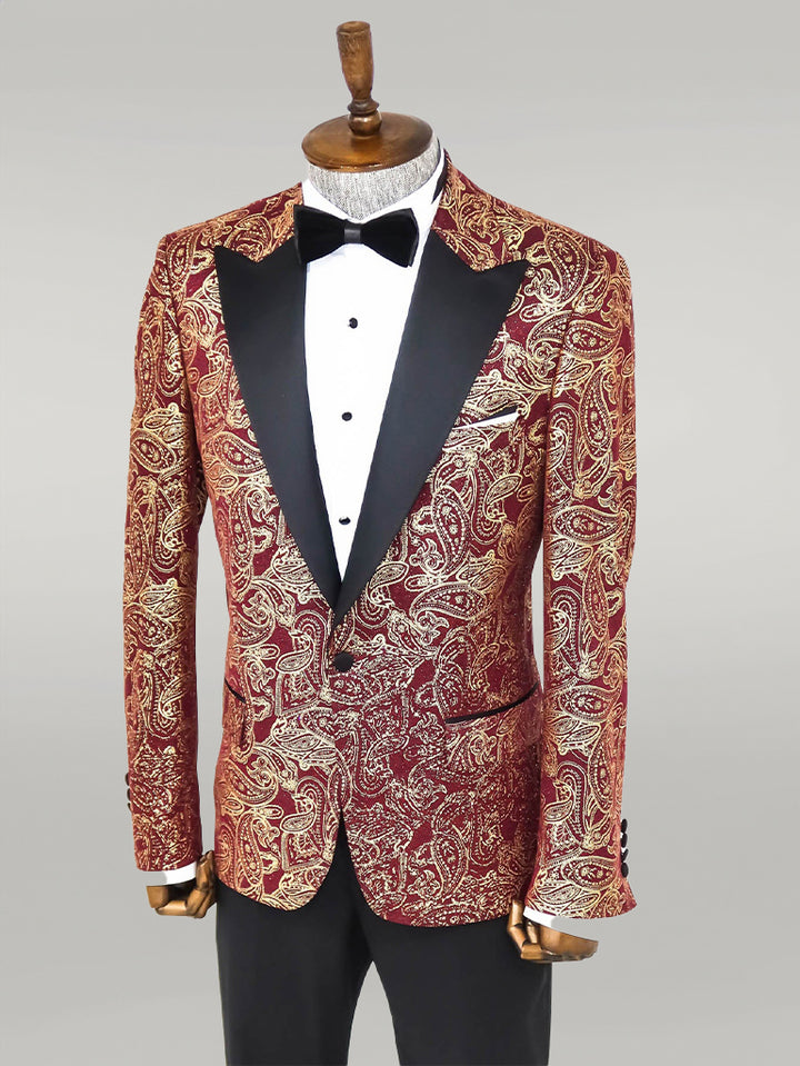 Blazer de fiesta Paisley con solapa de pico Burdeos para hombre - Wessi