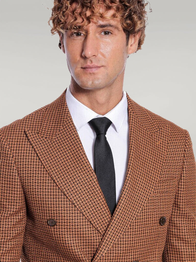 Houndstooth Patterned Tawny Men Double Breasted Blazer - Wessi