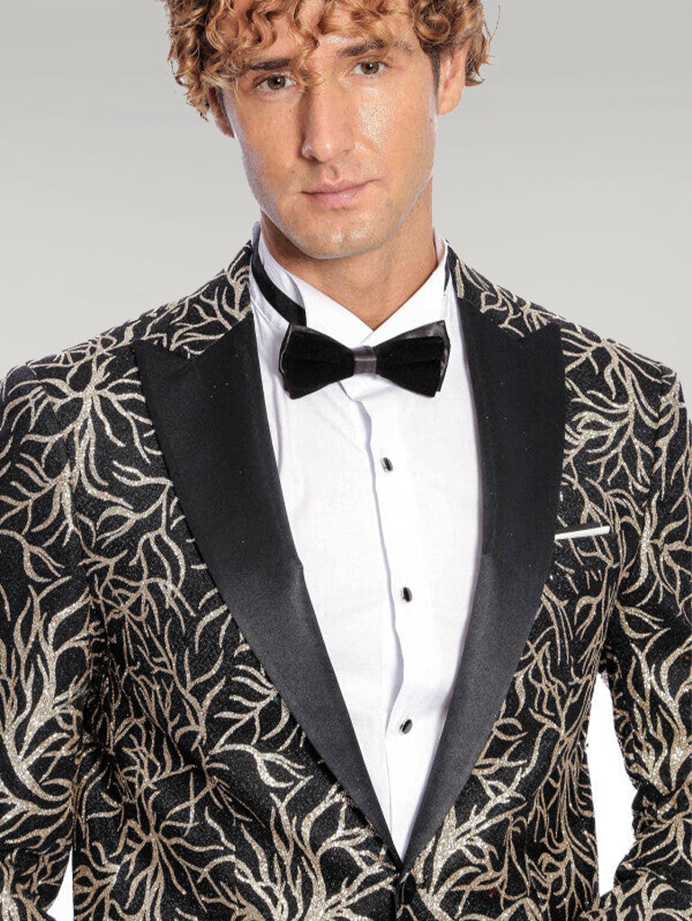 Sparkling Ivy Patterned Slim Fit Black Men Prom Blazer - Wessi