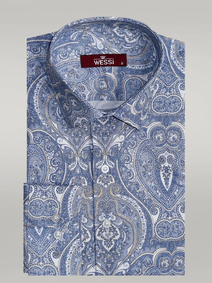 Damask Pattern Slim Fit Long Sleeves Blue Men Shirt - Wessi