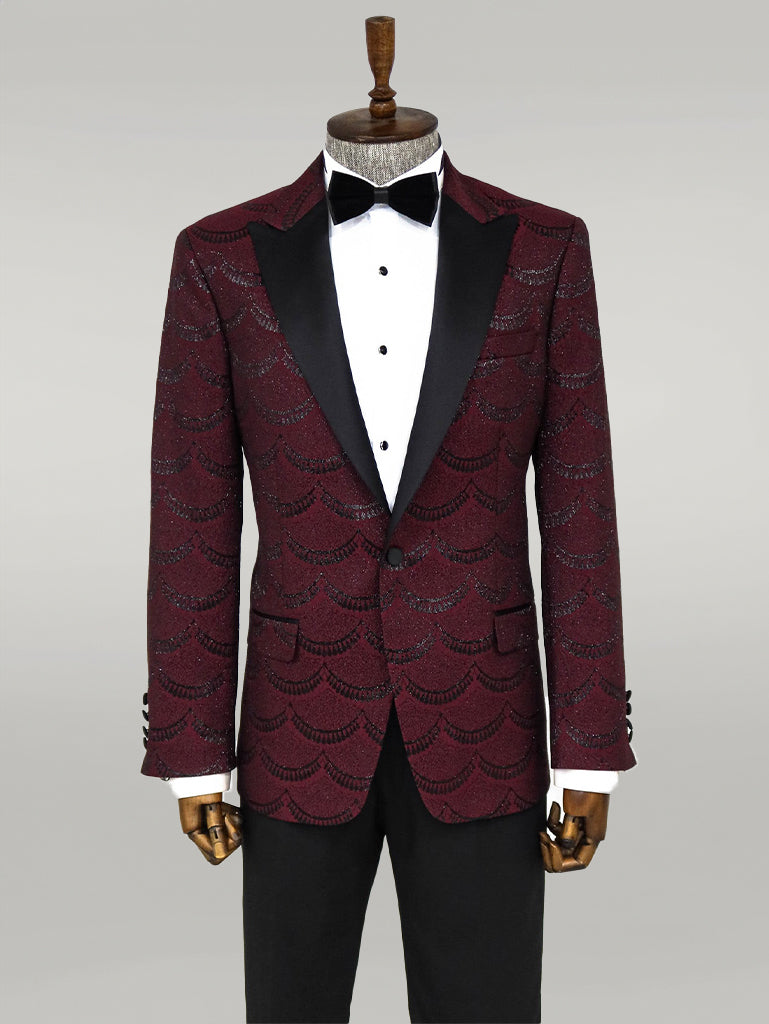 Patterned Slim Fit Burgundy Men Tuxedo Jacket - Wessi