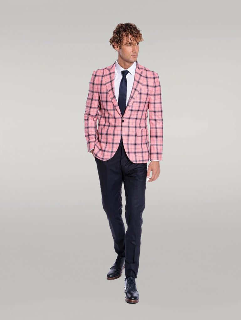 Plaid Slim Fit Pink Men Blazer - Wessi