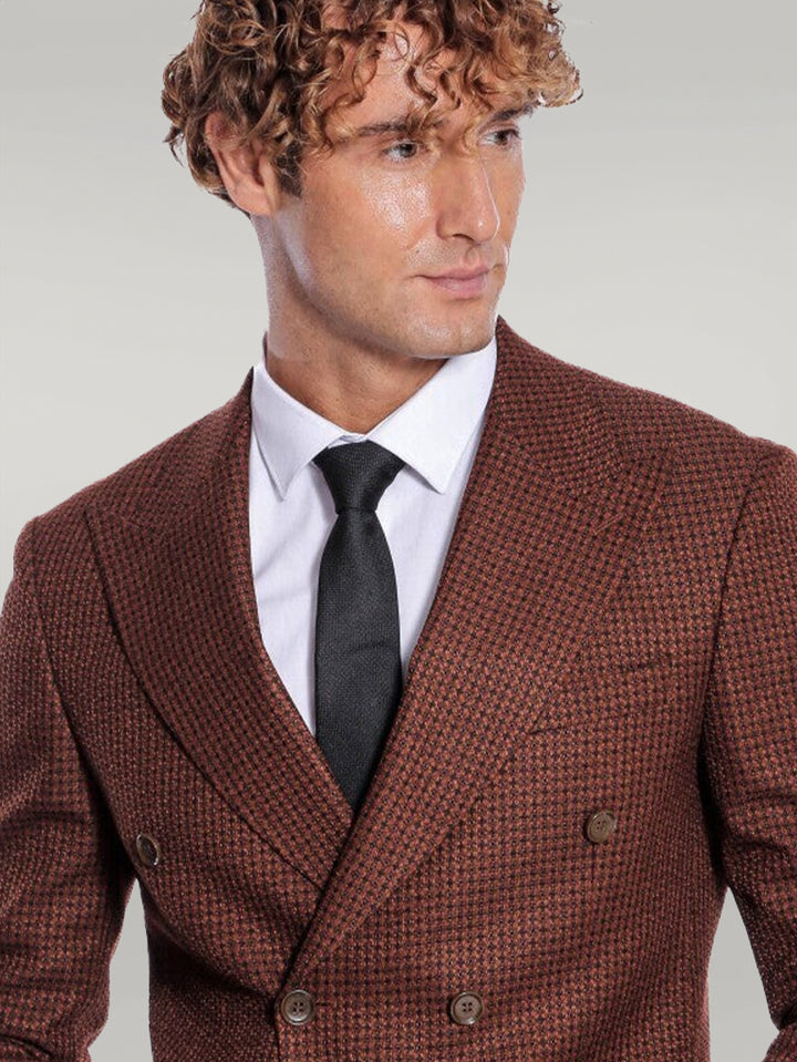 Houndstooth Patterned Brown Men Double Breasted Blazer - Wessi