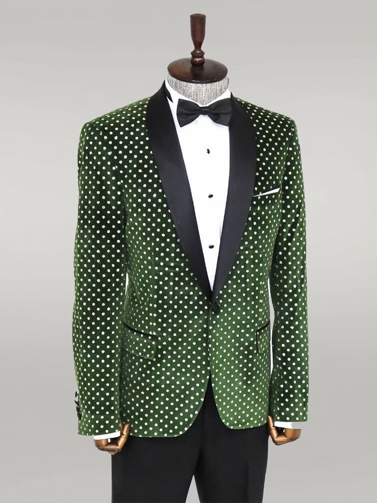 Blazer de fiesta para hombre verde oscuro con estampado de lunares y corte slim - Wessi