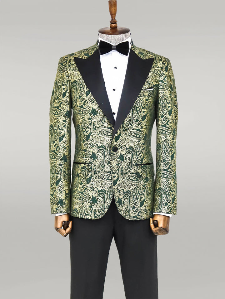 Paisley Peak Lapel Green Men Prom Blazer - Wessi