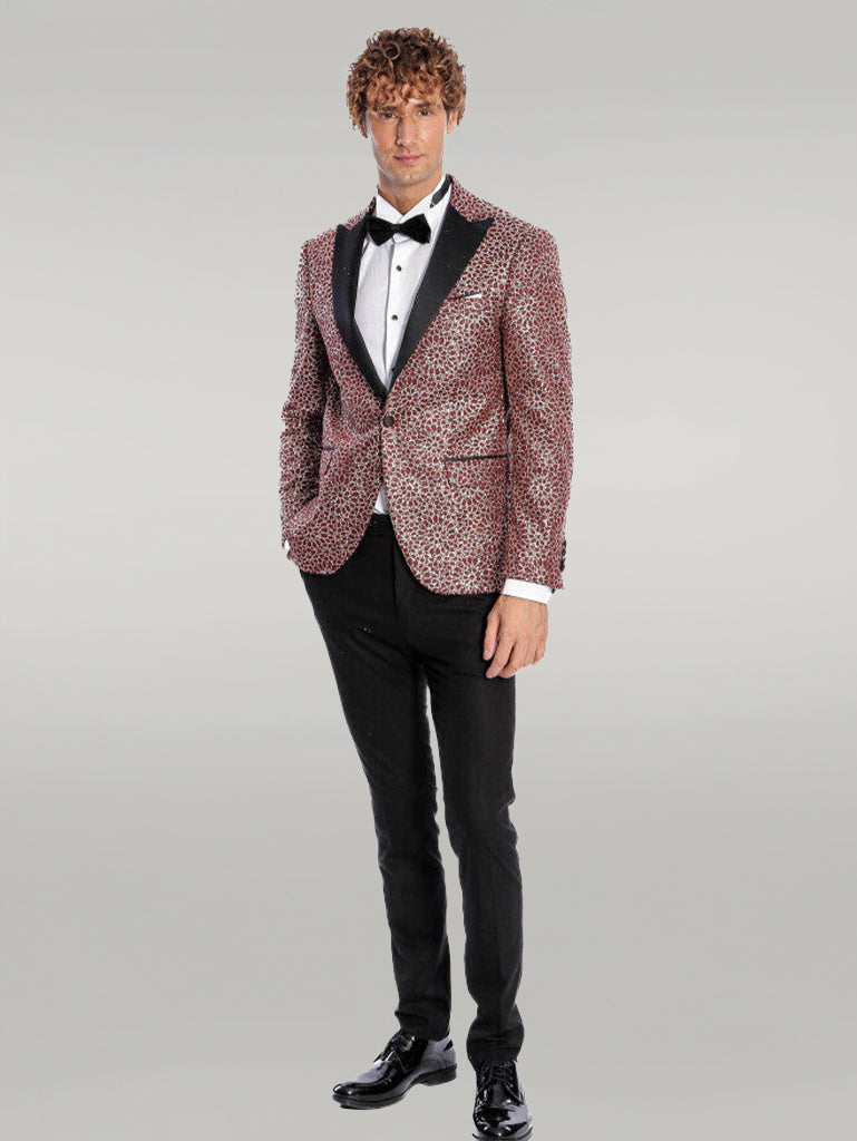 Blazer de graduación para hombre con estampado de flores bordadas en color burdeos - Wessi