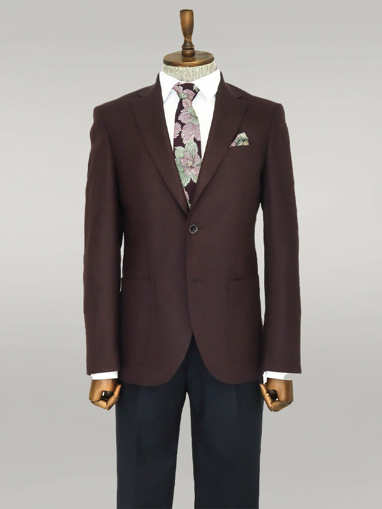 Slim Fit Plain Wide Lapel Burgundy Men Wool Blazer - Wessi