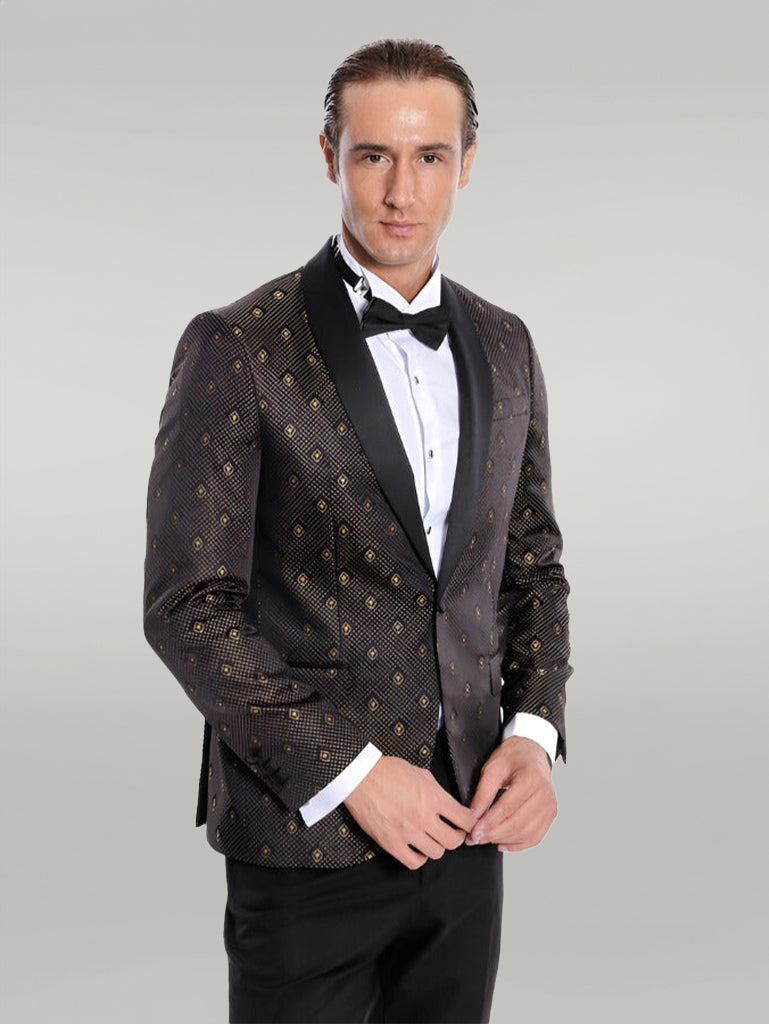 Blazer de esmoquin para hombre negro con estampado de lunares dorados y solapa chal - Wessi