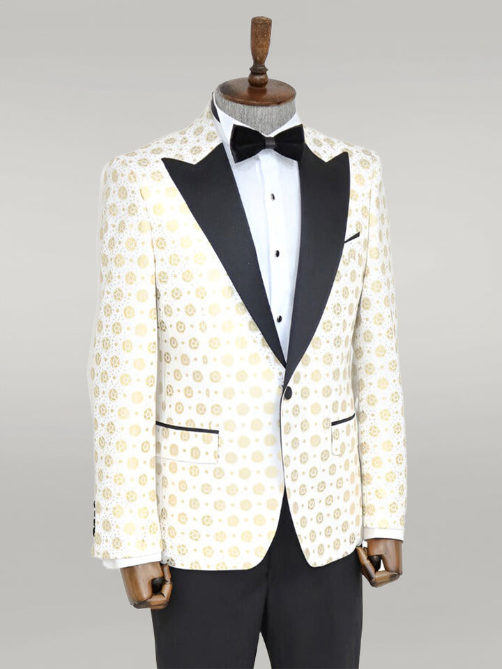 Floral Patterned Peak Lapel White Men Prom Blazer - Wessi