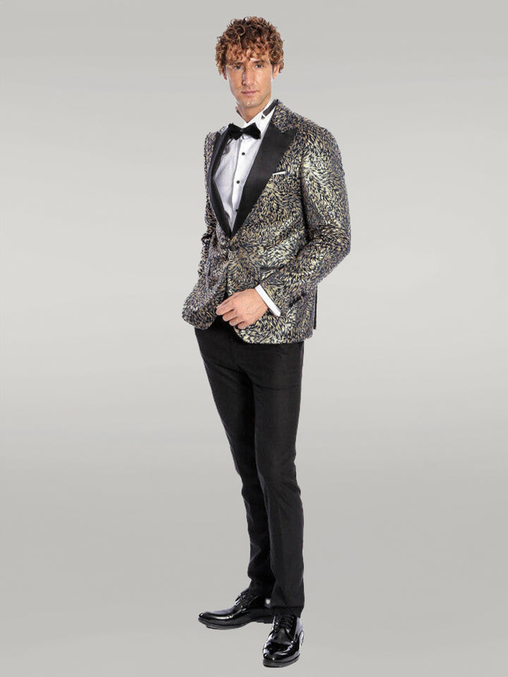 Feather Patterned Slim Fit Navy Blue Men Prom Blazer - Wessi