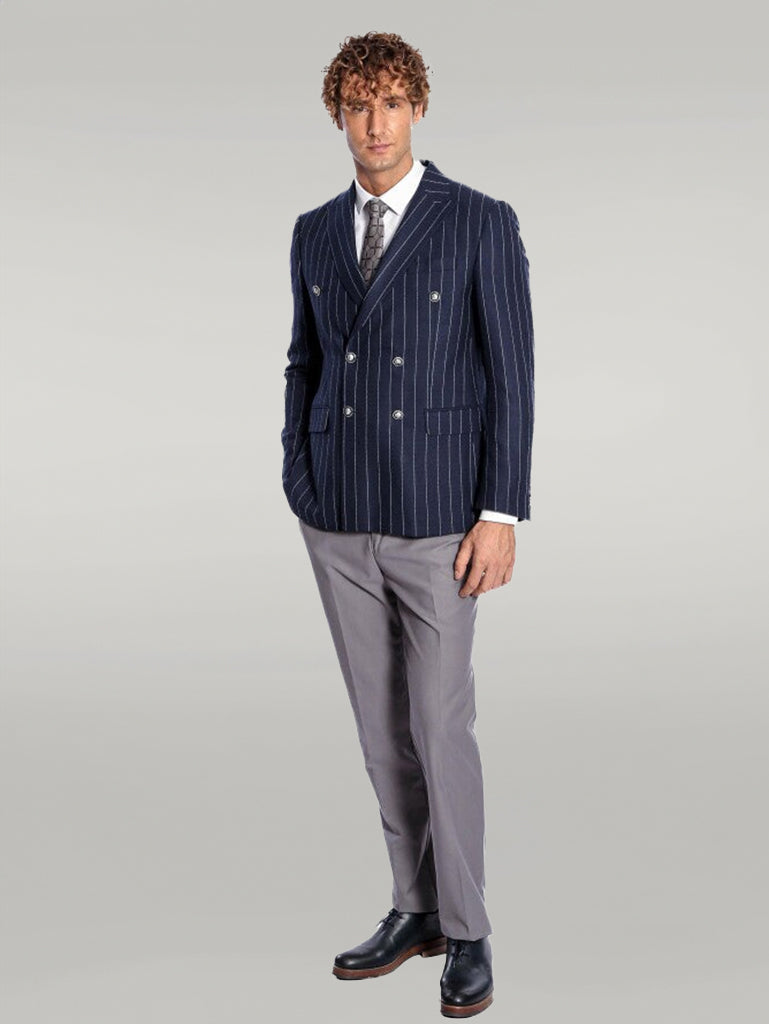 Blazer de hombre azul marino con doble botonadura y corte slim a rayas - Wessi