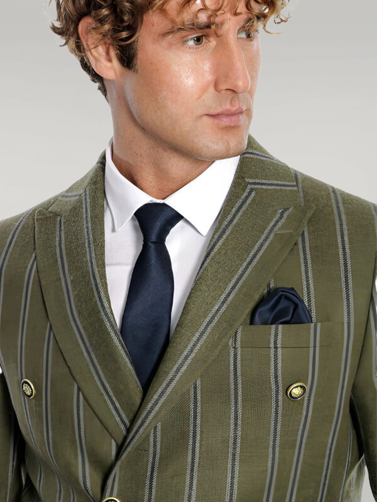 Wide Lapel Striped Double Breasted Green Men Blazer - Wessi