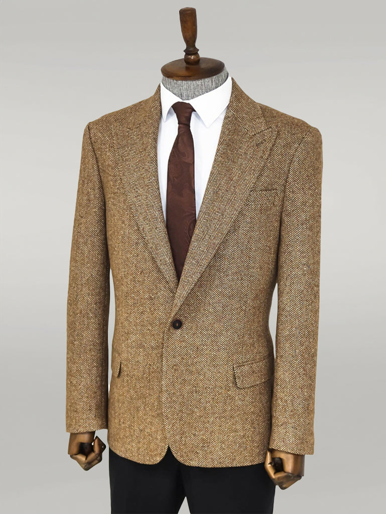 Houndstooth Pattern Wool Light Brown Men Blazer - Wessi