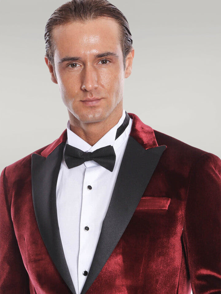 Velvet Slim Fit Burgundy Men Prom Blazer - Wessi