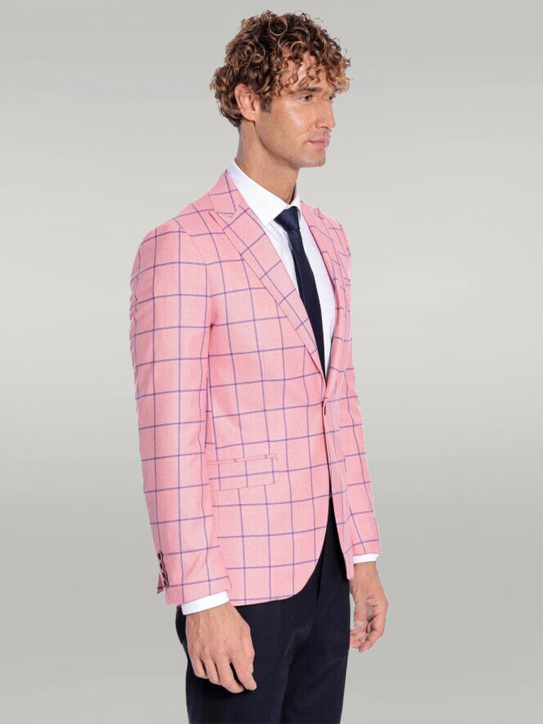 Blazer de hombre rosa slim fit con estampado de cuadros azules - Wessi