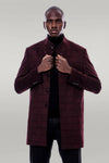 Mandarin Collar Burgundy Checked Coat - Wessi