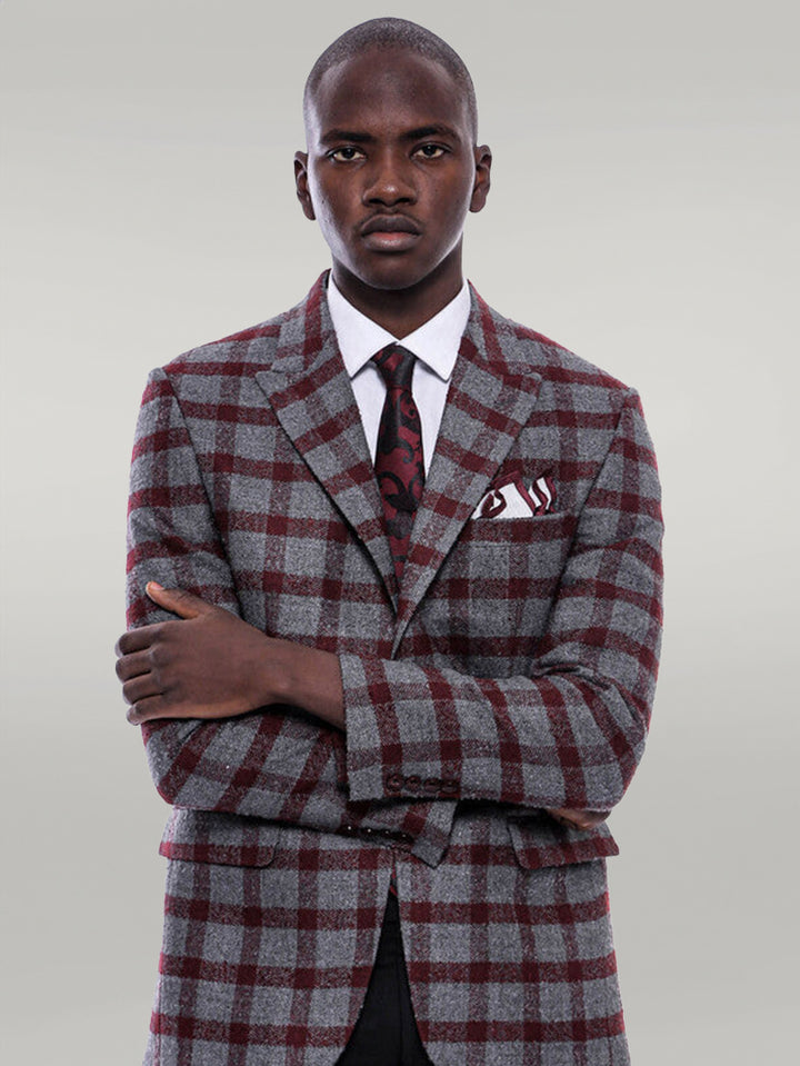 Checked Peak Lapel Slim-Fit Burgundy Men Blazer - Wessi