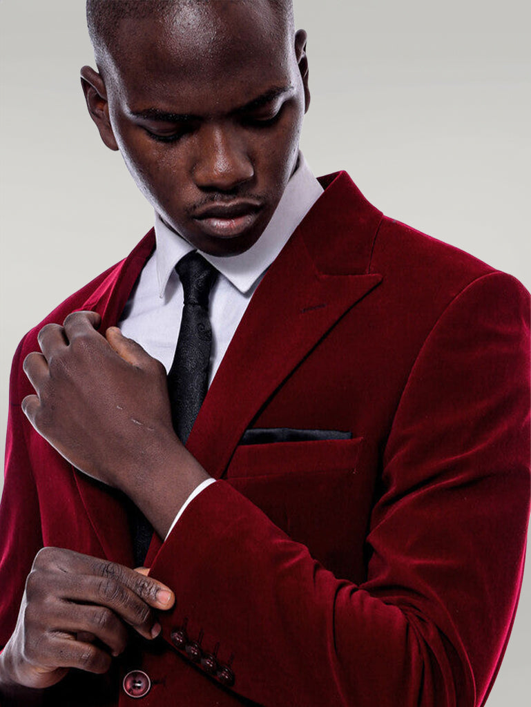 Wide Peak Lapel Velvet Burgundy Men Blazer - Wessi