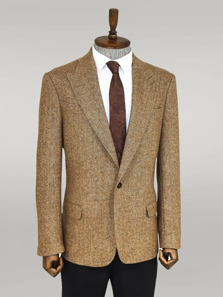 Houndstooth Pattern Wool Light Brown Men Blazer - Wessi