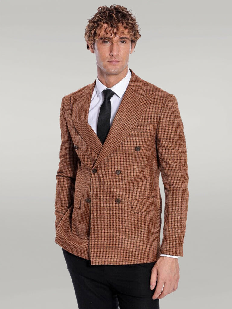 Houndstooth Patterned Tawny Men Double Breasted Blazer - Wessi