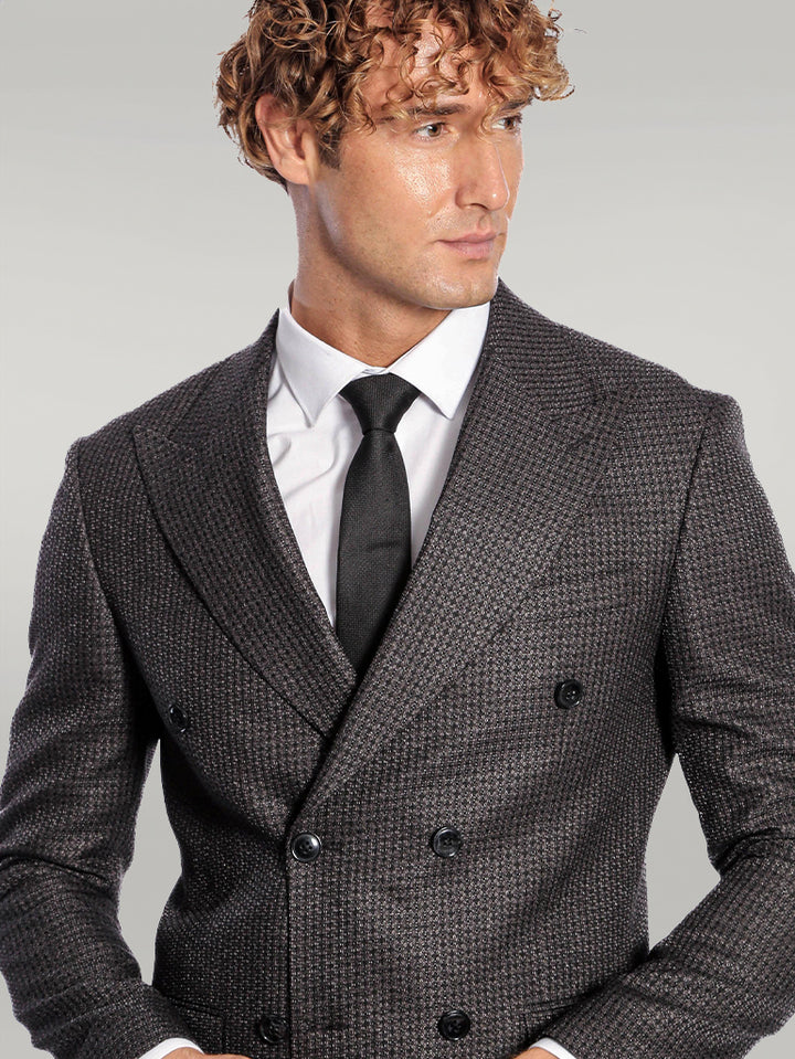 Houndstooth Patterned Grey Men Double Breasted Blazer - Wessi