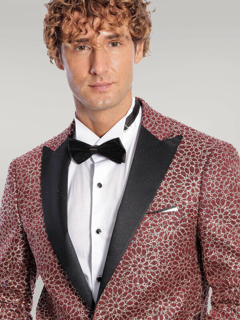 Flower Embroidered Pattern Burgundy Men Prom Blazer - Wessi