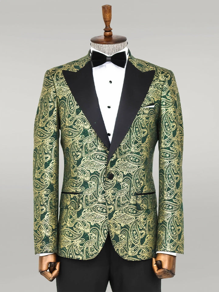 Paisley Peak Lapel Green Men Prom Blazer - Wessi