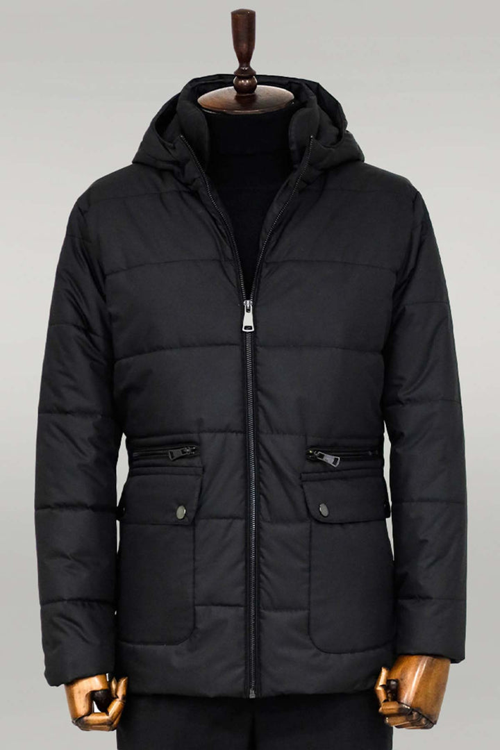 Slim Fit Hooded Black Men Coat - Wessi