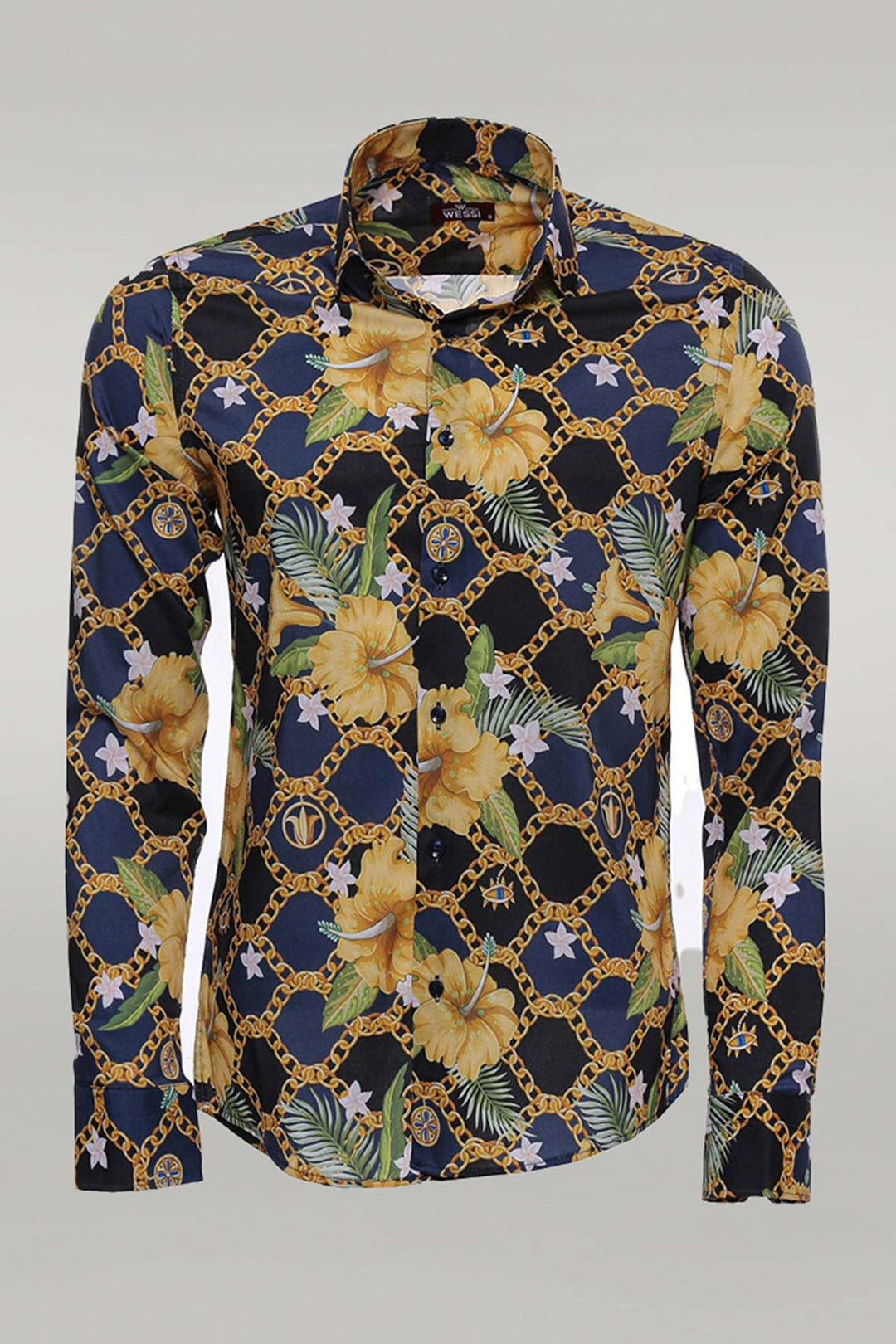 Colorful Floral Patterned Slim Fit Long Sleeves Navy Blue Men Shirt - Wessi