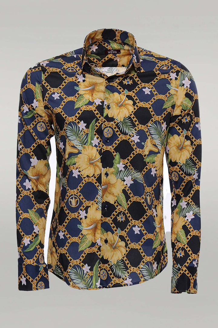 Colorful Floral Patterned Slim Fit Long Sleeves Navy Blue Men Shirt - Wessi