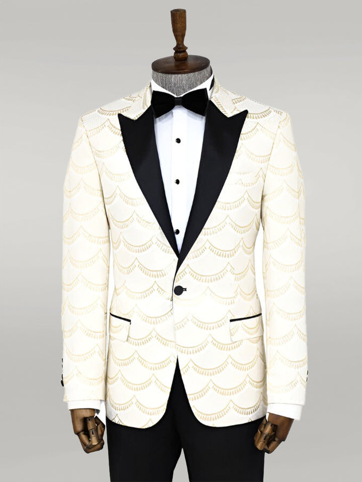 Patterned Slim Fit White Men Prom Blazer - Wessi