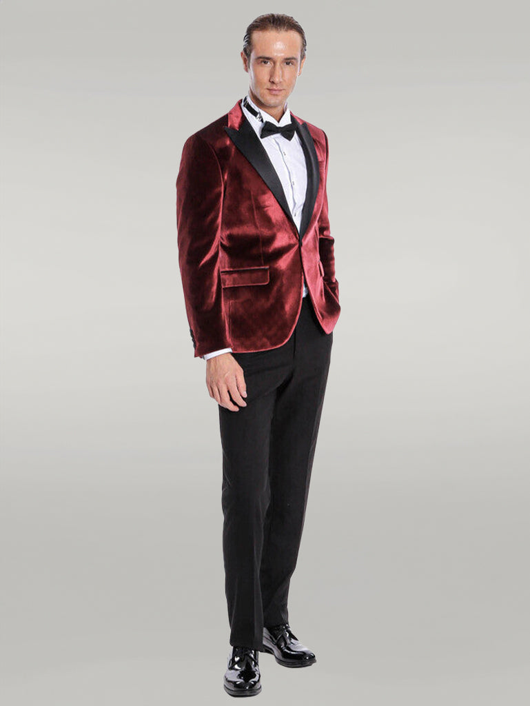 Velvet Slim Fit Burgundy Men Prom Blazer - Wessi