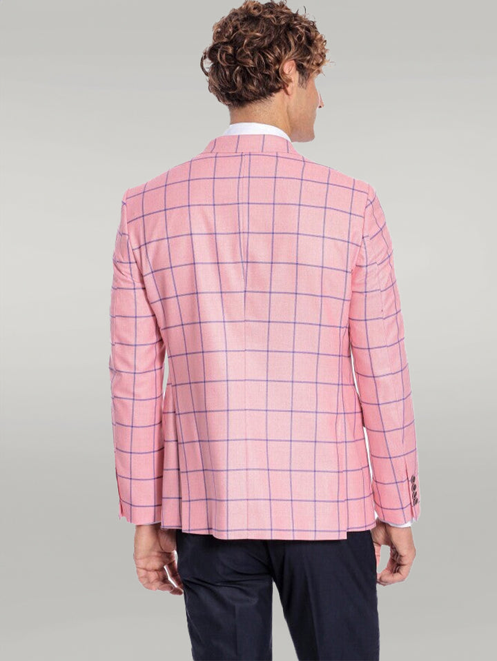 Blue Plaid Patterned Slim Fit Pink Men Blazer - Wessi