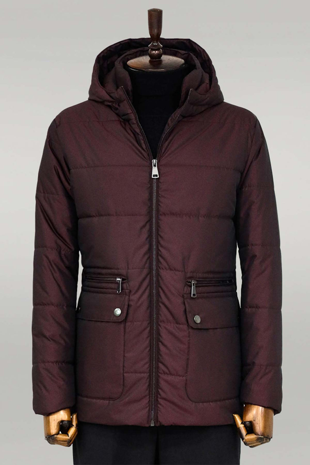 Slim Fit Hooded Burgundy Men Coat - Wessi