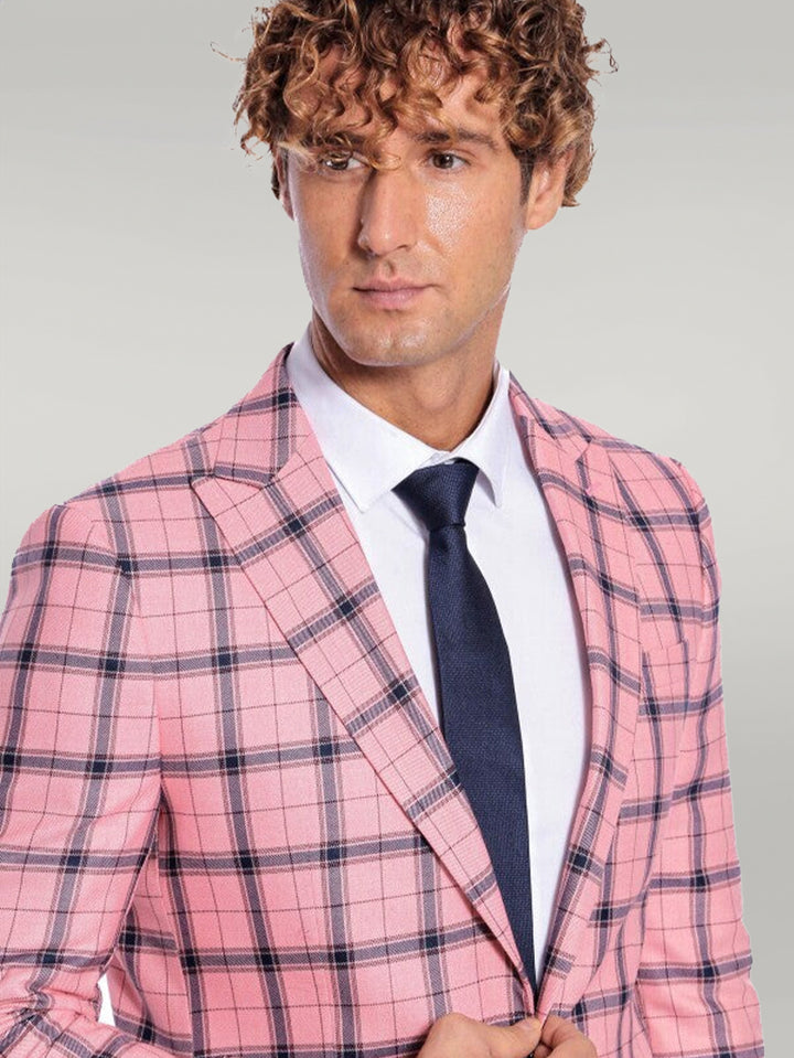 Plaid Slim Fit Pink Men Blazer - Wessi