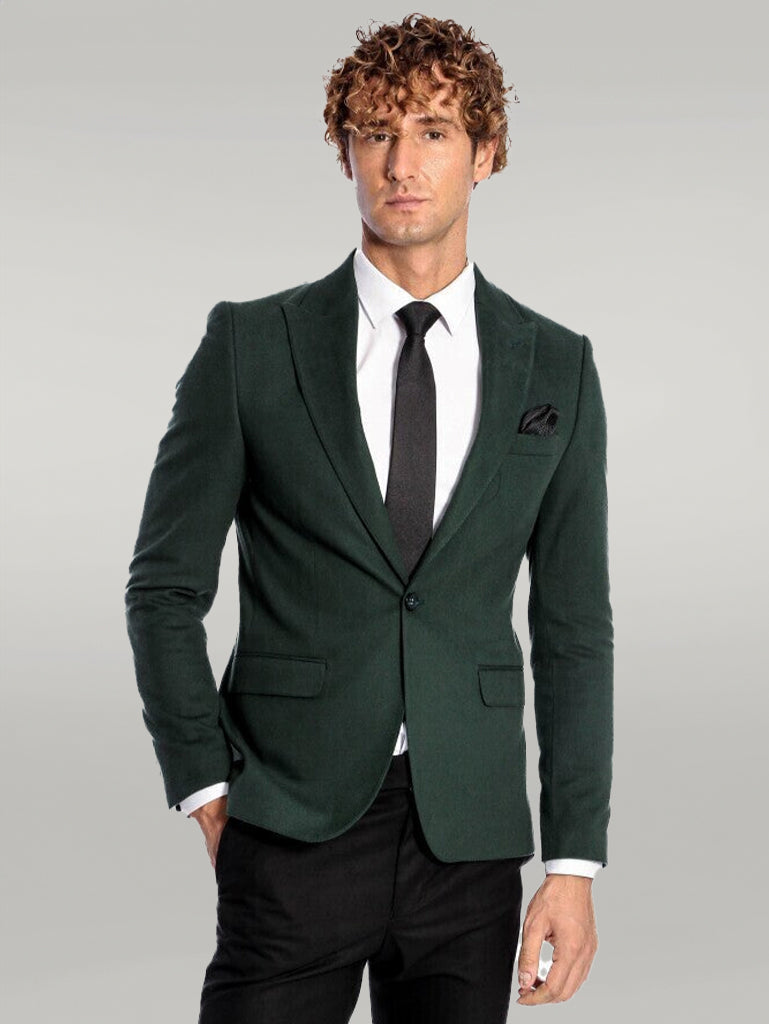 Peak Lapel Single Button Plain Green Men Blazer - Wessi