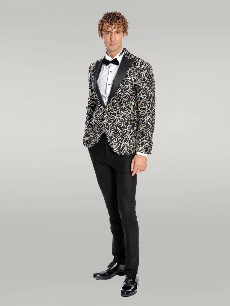 Blazer de graduación para hombre negro con estampado de hiedra brillante y corte slim - Wessi