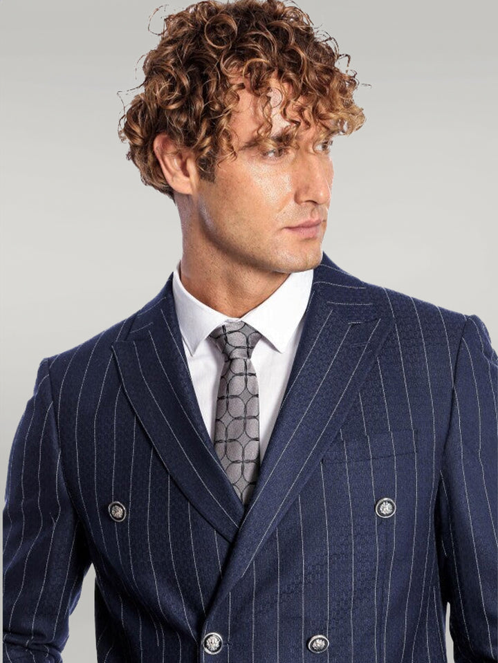 Double Breasted Slim Fit Striped Navy Blue Men Blazer - Wessi