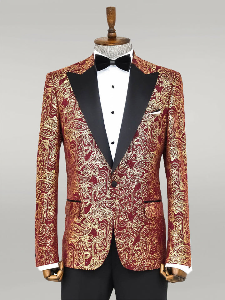 Paisley Peak Lapel Burgundy Men Prom Blazer - Wessi