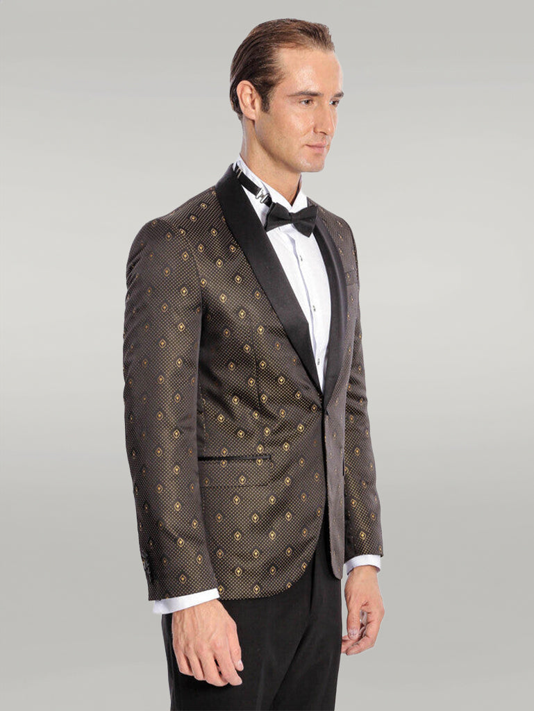 Blazer de esmoquin para hombre negro con estampado de lunares dorados y solapa chal - Wessi