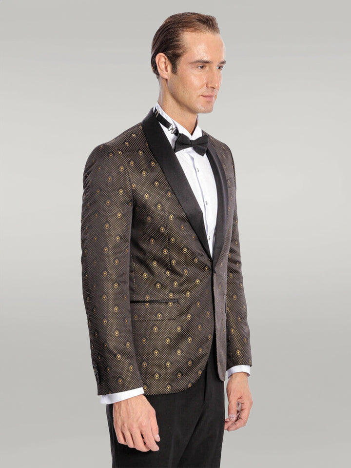 Shawl Lapel Gold Dot Patterned Over Black Men Tuxedo Blazer - Wessi