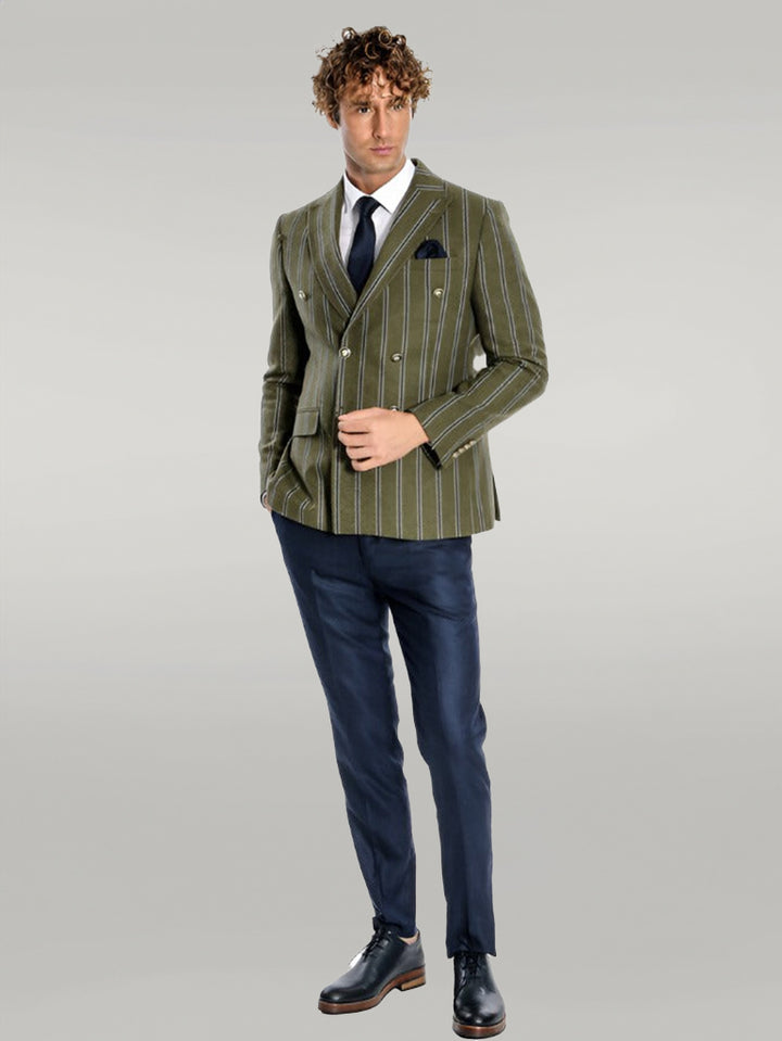 Wide Lapel Striped Double Breasted Green Men Blazer - Wessi